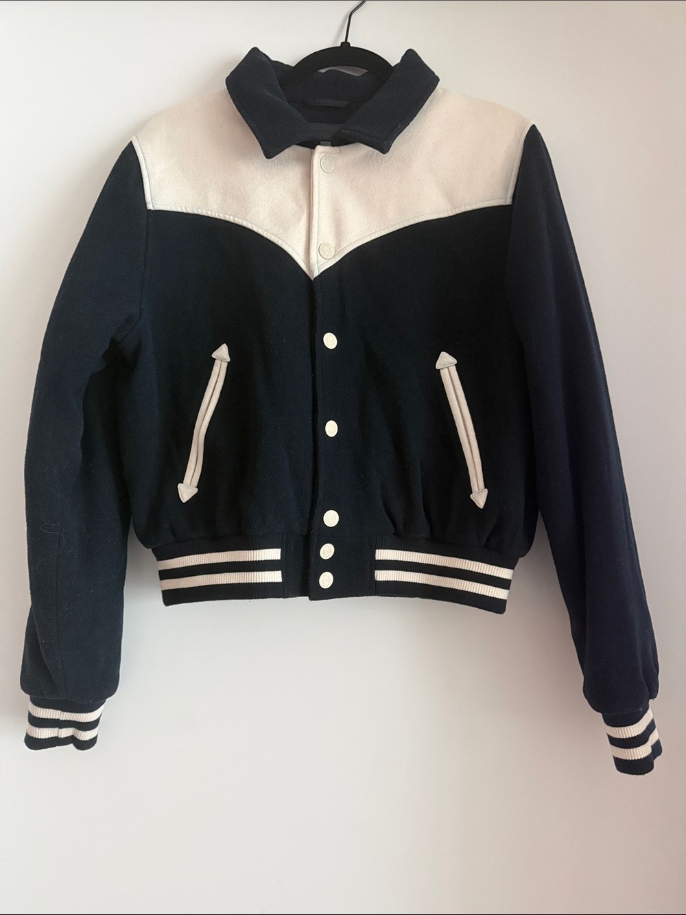 Mother Denim Western Two-Tone Women's Bomber Jacket in Navy and White